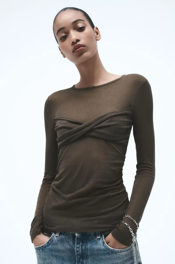 Zara NWT Brown semi sheer rib ruched top. Size Medium - Image 4