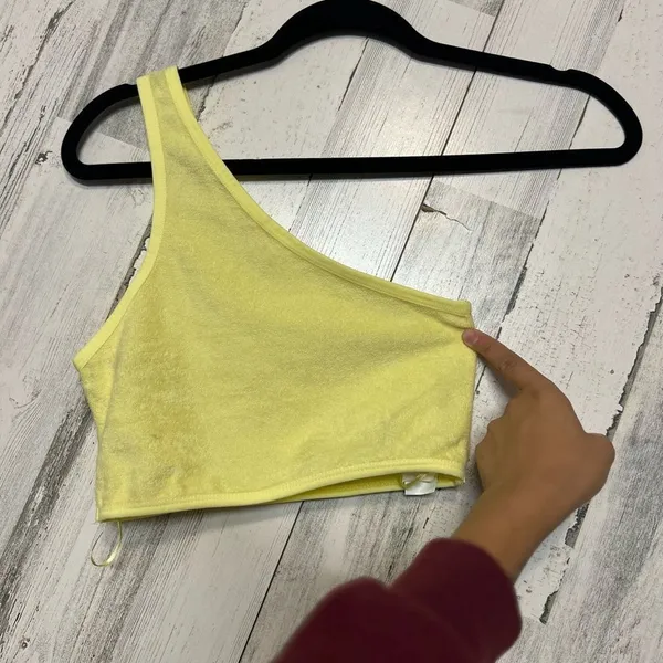 Zara Yellow One Shoulder Crop Top Small Asymmetrical Knit Stretchy - Image 2