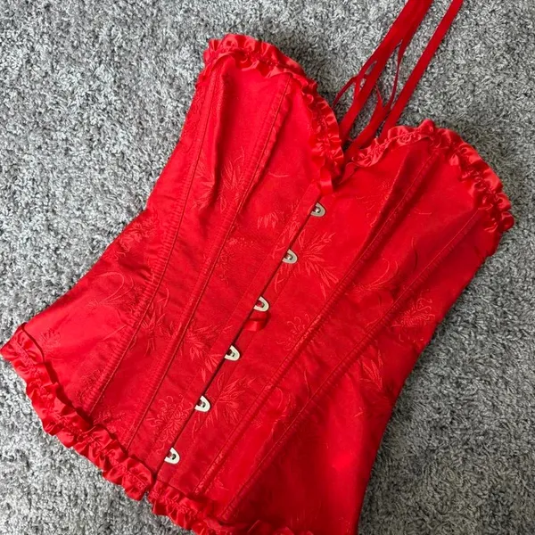 Red corset top with subtle floral embroidery - Image 2