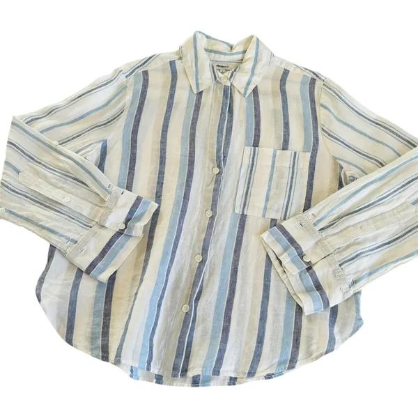 Madewell Linen Easy Y-Neck Button Up Shirt in Blue Mixed Stripe Women’s Small - Image 2