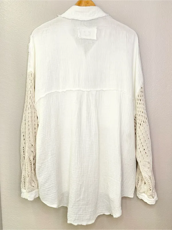 POL Openwork Crochet Lantern Sleeve Cotton Gauze Oversized Button Shirt Jacket - Image 6