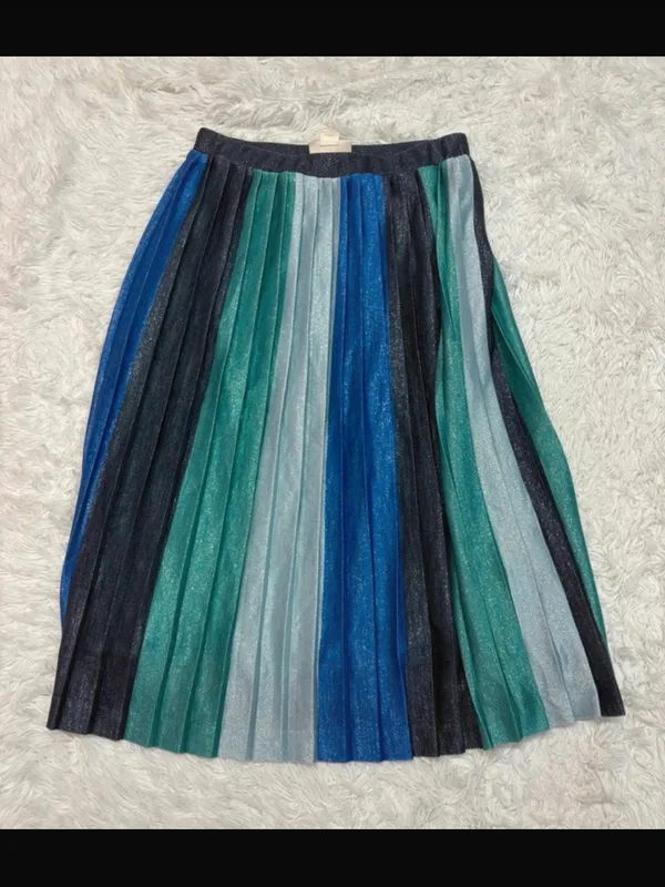 Maeve Anthropologie Sunburst Metallic Blue Pleated Midi Skirt Paneled Patchwork - Image 2