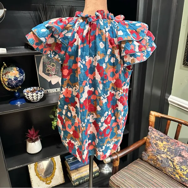 Olivia James Astrid Ruffle Sleeve Top – XS – Abstract Floral in 100% Cotton - Image 9