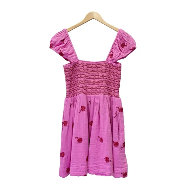 NWT Free People Tory Embroidered Mini Dress Pink Smocked Floral Boho Size Large - Image 3