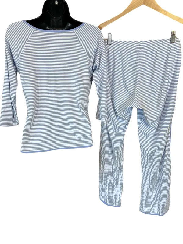 LAKE Pima Cotton Long-Long Pajama Set Hydrangea Preppy Blue Stripe - Image 14