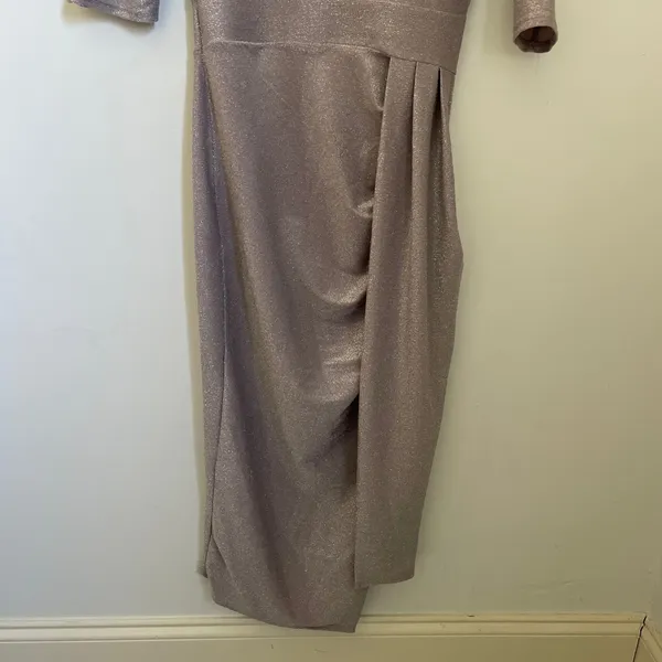 Draped Sparkly Midi Dress Size Medium Glitter Metallic Pink Party‎ Wedding Glam - Image 4