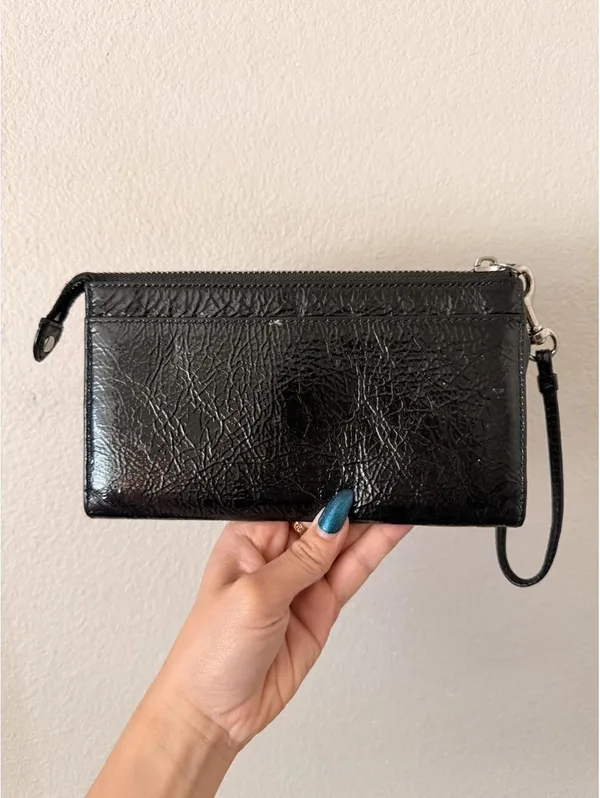 Vintage Black Coach Poppy Wristlet Wallet with Silver Hardware and Pink Interior - Image 2