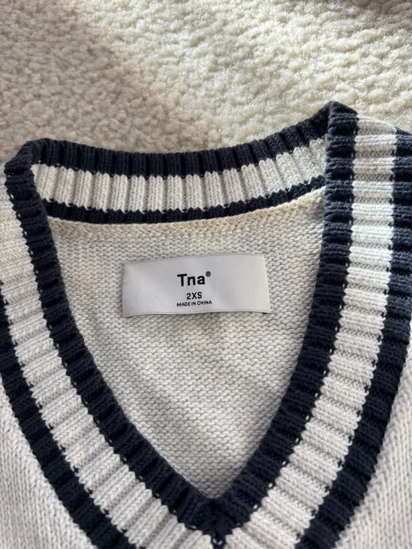 TNA Aritzia V-Neck Knit Vest with Navy Stripe Trim - Image 2