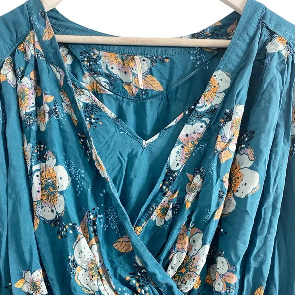 Free People Tuscan Dream Floral Tunic Dress V neck Blouse Teal Long Sleeve Femme - Image 11