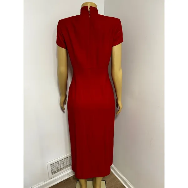 Vintage Taurus II Red Cheongsam Style Floral Jacquard ASIAN Midi Dress Size 8P - Image 7