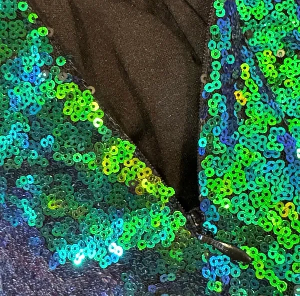 Green Multicolor Sequin Long Sleeve Dress Mini Disco Holiday Party S Vneck Back - Image 5