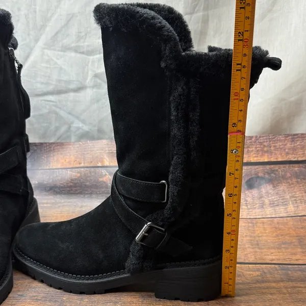 Sam Edelman Jailyn Black Suede Faux Fur Lined Mid-Calf Lug Sole Moto Boots 9.5M - Image 4