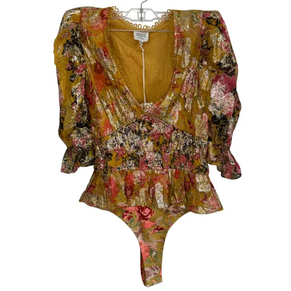 HEMANT AND NANDITA Nova Bodysuit in Mustard Multi X-Small New Womens Blouse Top - Image 6