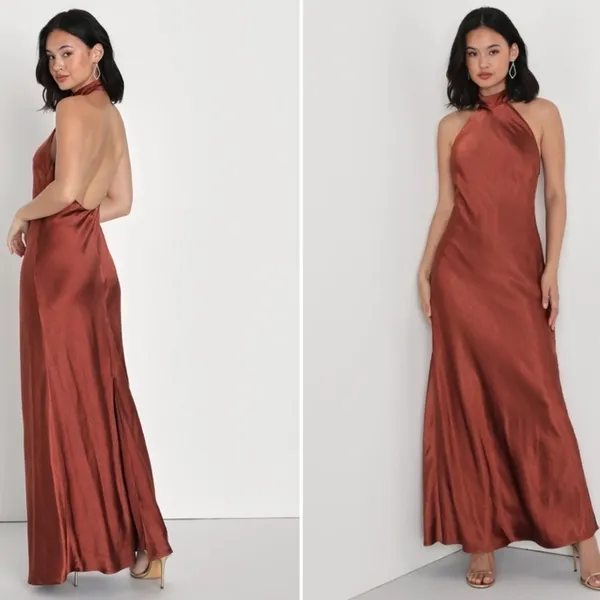 LULU's Sexy Prom Wedding Bridesmaid Satin Open Back Halter Maxi Dress NWOT - Image 2