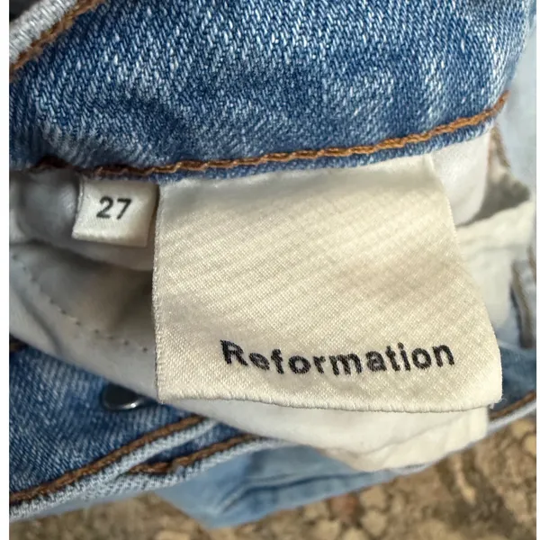 Reformation High Rise Straight Leg Raw Hem Jeans Light Wash Blue Size 27 - Image 3