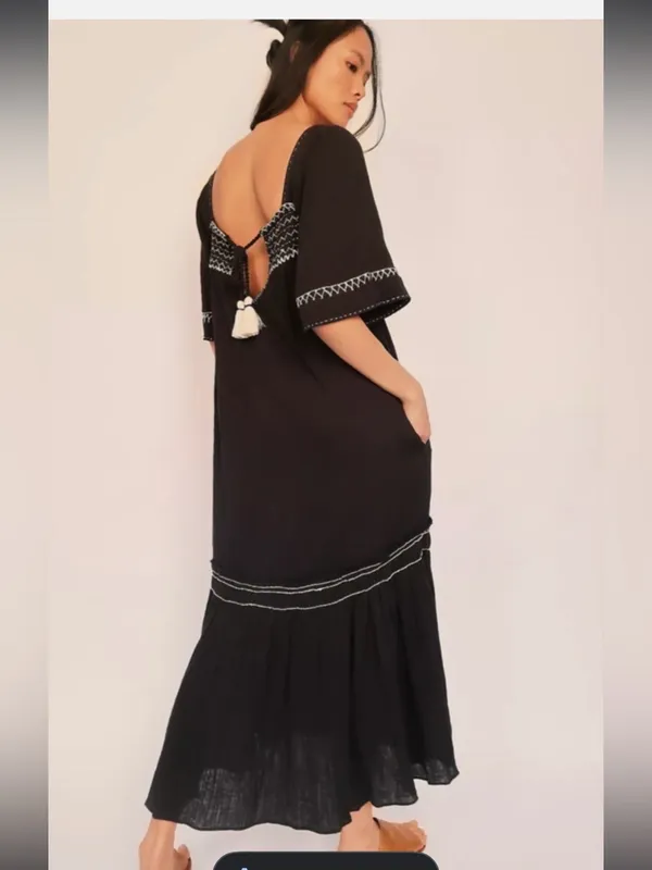 Free People Maxi Dress I'm The One Smocked Easy Fit Ruffle Black sz L - Image 2