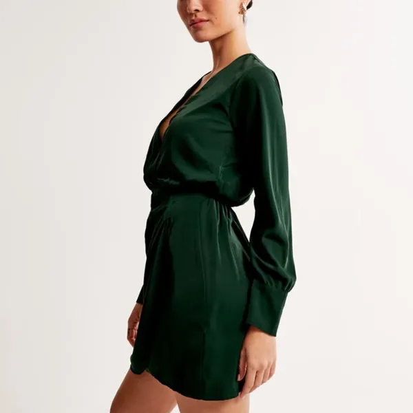 Abercrombie & Fitch Long-Sleeve Draped Mini Dress Dark Green - Image 4