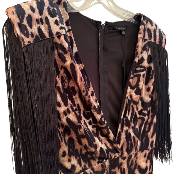 Symphony Animal Print Fringe Bodycon Mini Dress Women's Small Brown‎ Black Retro - Image 2
