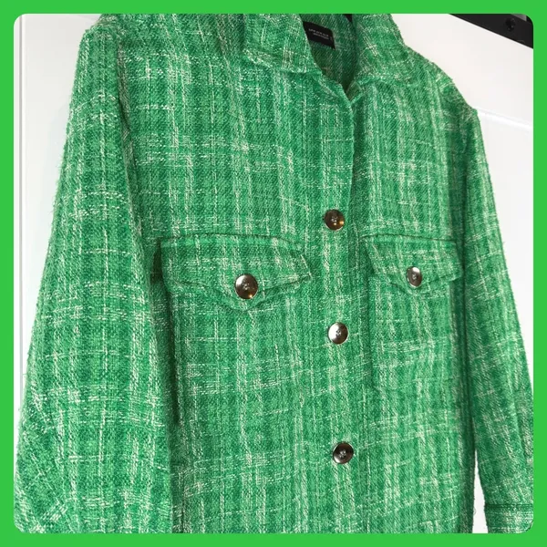 Zara Green Tweed Shacket XS Shirt Jacket Plaid Fringed Hem Y2K Vintage Old Money - Image 6