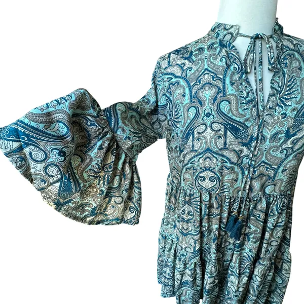Paani Teal Paisley Tiered Babydoll Dress Flowy‎ Vneck Tassle High Waisted Flowy - Image 12