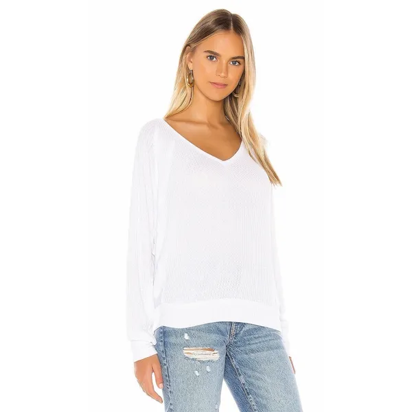 Free People Womens Santa Clara Thermal Top White Small V‎ Neck Boho Long Sleeve - Image 3