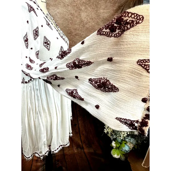 Free People Embroidered Diamond Top Mini Dress Cream Burgundy size S - Image 15
