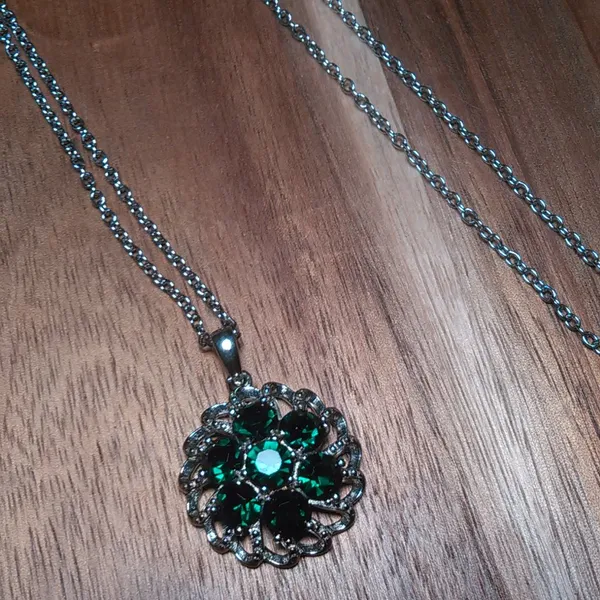 Green Crystal Floral Platinum over Brass Pendant Stainless Steel Necklace - Image 8