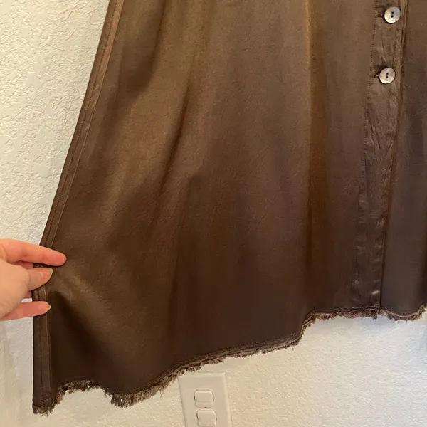 Raquel Allegra Satin Maxi Skirt L Button Front Boho Indie Minimalist Moss Brown - Image 4