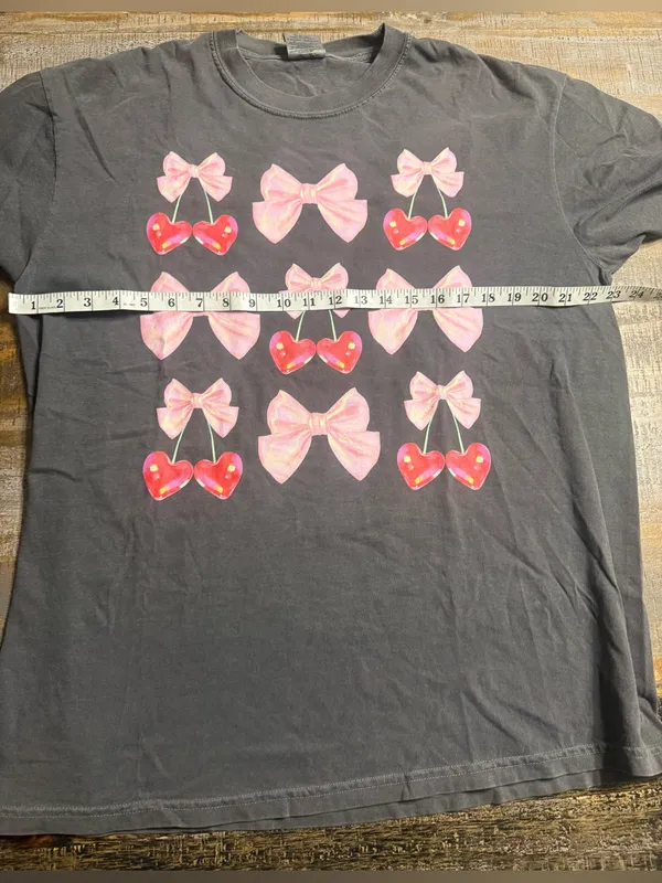 Comfort Colors Pepper Tee with Pink Bows and Red Cherry Graphics - Image 5