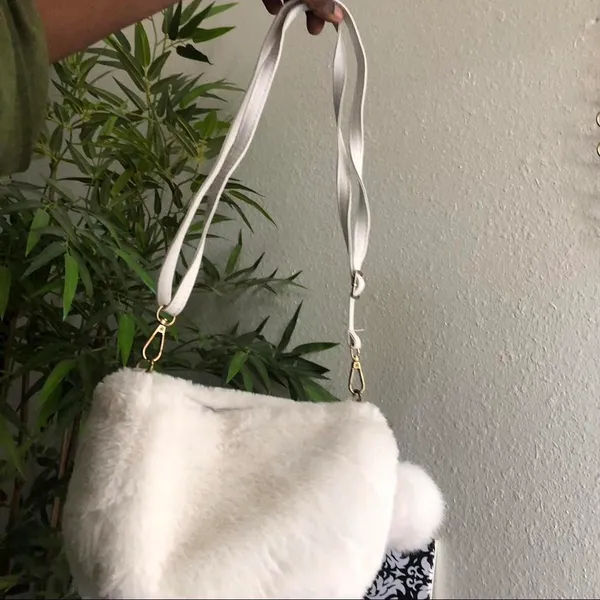 White Faux Fur Pom Pom Shoulder Crossbody Adjustable Strap Bag Purse Y2K 2000s Coquette Rave Festival Approx 10.5” wide x 7.5” Tall - Image 2