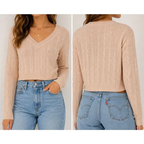 Brandy Melville Cable Knit V-Neck Cropped Sweater Blush Pink One Size - Image 2