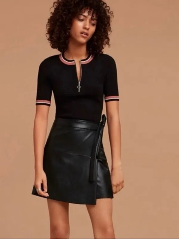 Aritzia Wilfred Free Black vegan Leather Mini Wrap Skirt size XS tie side Preppy - Image 5