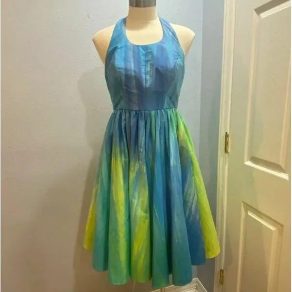 Vintage‎ Handmade Halter Dress Blue Green Watercolor Fit and Flare Fairy Dress 4 - Image 9