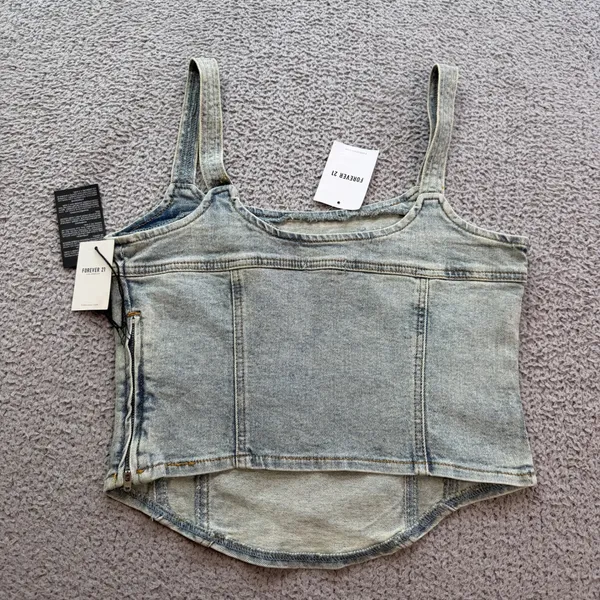 Forever 21 Women Light Wash Studded Denim Corset Top Blue Size M NWT Bodice - Image 4