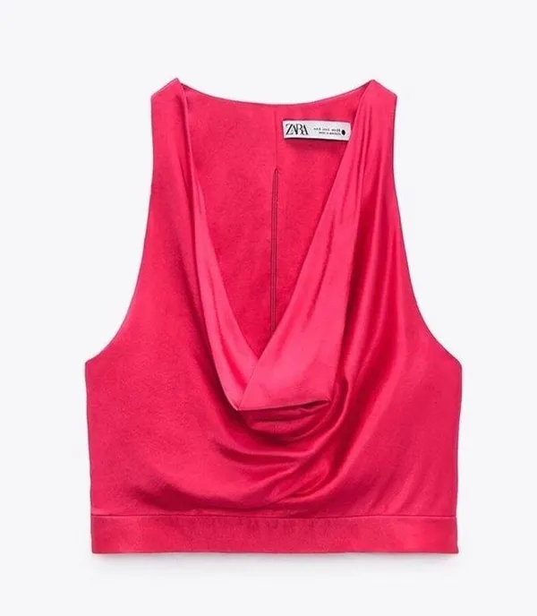 Zara NWT fuchsia pink satin cowl neck top - Image 2