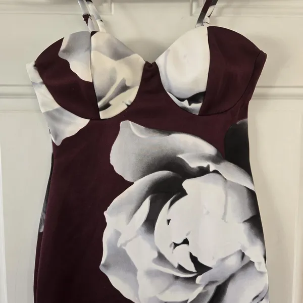 Venus Bodycon Dress Small Burgundy Floral Bustier Midi Stretch Party Cocktail - Image 9