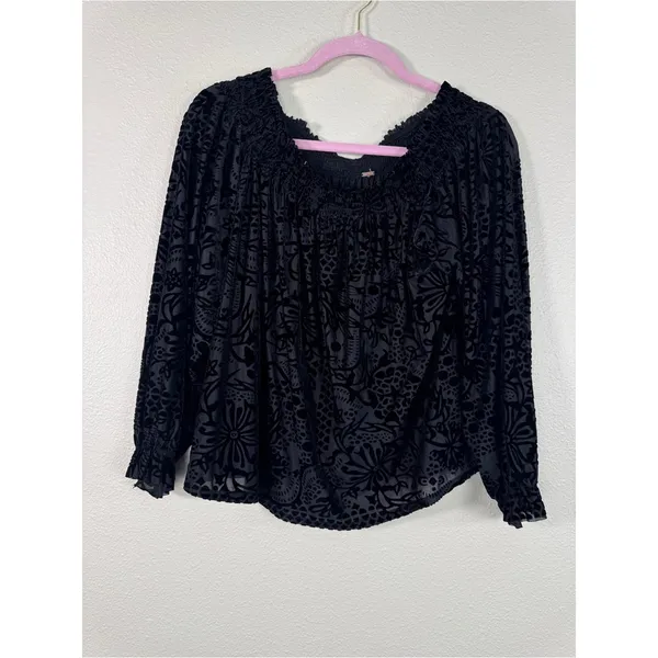Free People Black Floral Velvet Burnout Off Shoulder Blouse Womens S Boho Witchy - Image 11