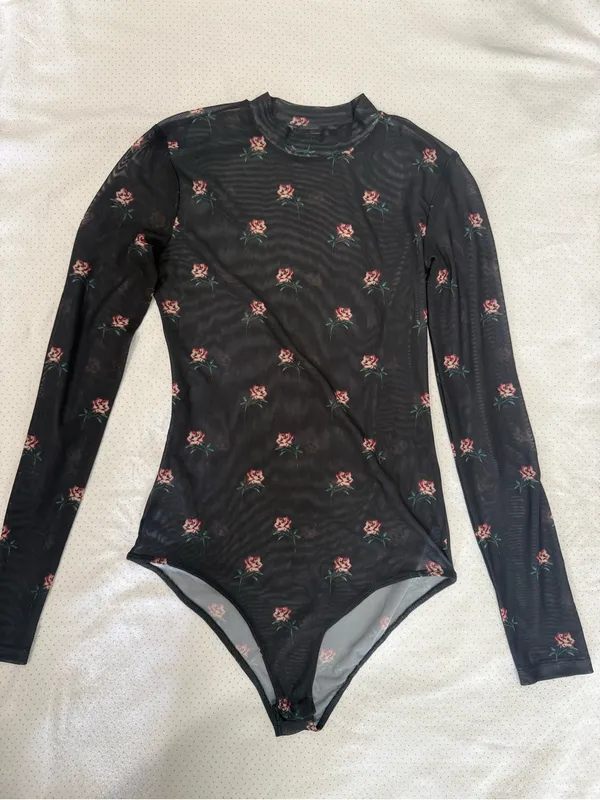 Bershka Black Long-Sleeve Floral Mesh Bodysuit - Image 2