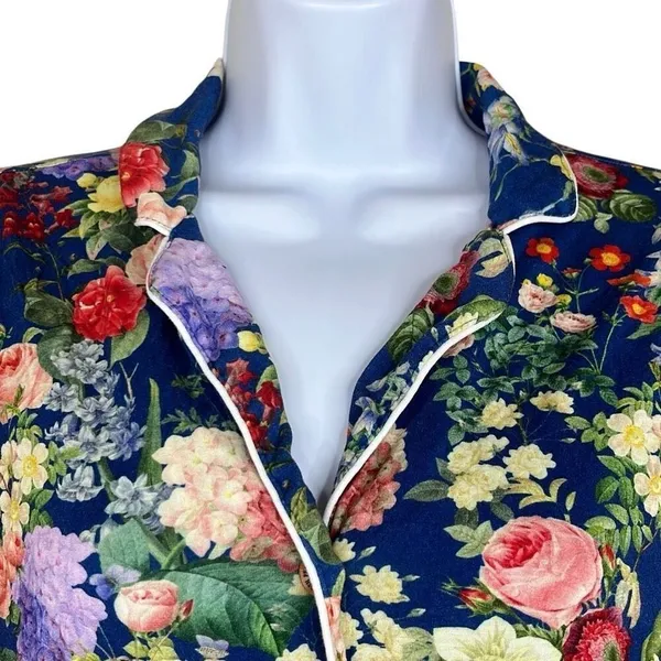 Posh Peanut Blue Pink Floral Button‎ Down Bamboo Classic Pajama Top Shirt Small - Image 2