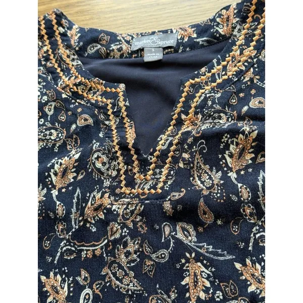 Market &‎ Spruce Women’s S Navy Blue Paisley Embroidered 3/4 Sleeve Lined Tunic - Image 7