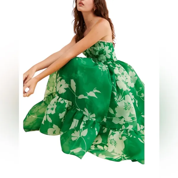 Selkie Strapless Green Floral Midi Dress Size X-Small Retail $325 P-48 - Image 4
