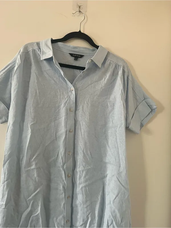 Light Blue Linen Blend Button Up Shirt Mini Dress Large Coastal Beach Resort - Image 3