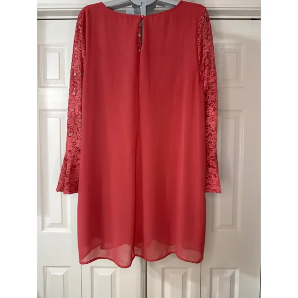 As U Wish Womens 1X‎ Coral Pink Lace Long Sleeve Ruffle Shift Dress A8071104 - Image 5