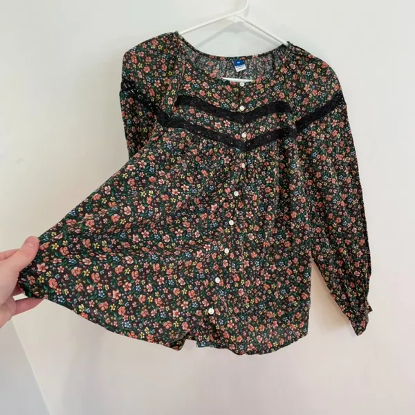 OLD NAVY Long Sleeve Lace Trimmed Floral Print Blouse Brown Button Cottagecore - Image 8