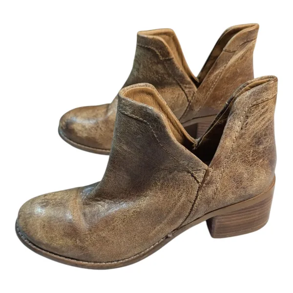 Diba True Work Nerd Tan Distressed Leather Block Heel Cutout Ankle Boots Sz 8 - Image 7