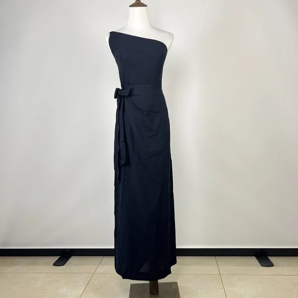 NWOT Farm Rio Linen Blend Black One Shoulder Bow Smocked Wrap Maxi Dress Sz M - Image 4