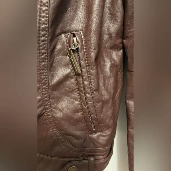 JouJou Juniors Jacket Vegan Faux Leather Knit Hood Motorcycle Jacket Size L - Image 4
