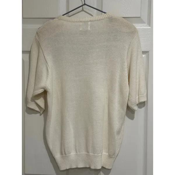 Vintage 90s Embroidered Yoke Short Sleeve Sweater‎ Cream Ramie Cotton Medium - Image 7