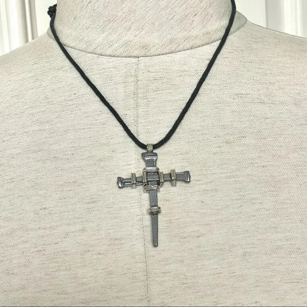 Hematite nail stake cross on cord Gray - Image 5