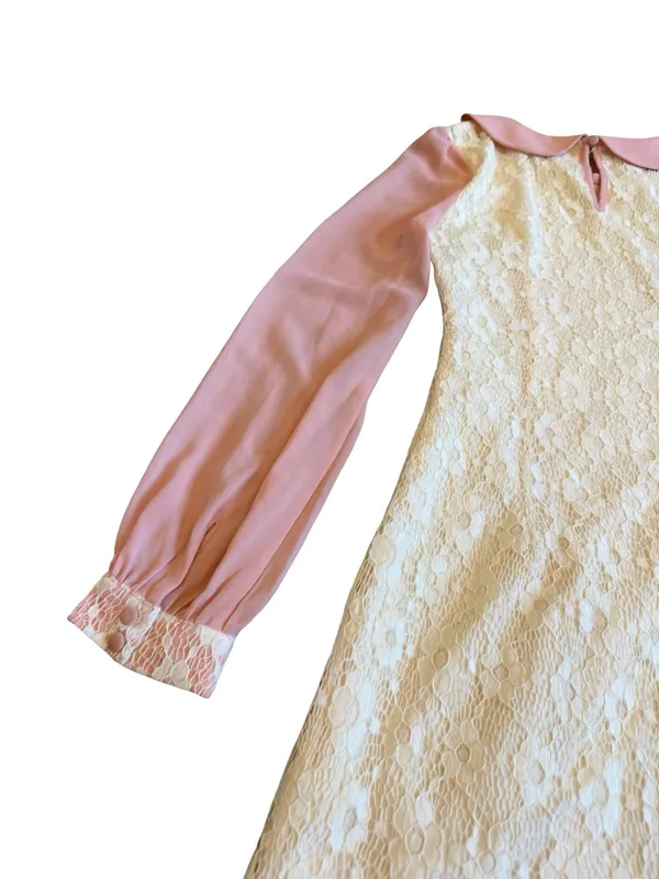 Altar'd State Cream Lace Shift Mini Dress Mauve Trim Collar Size Small Women's - Image 11